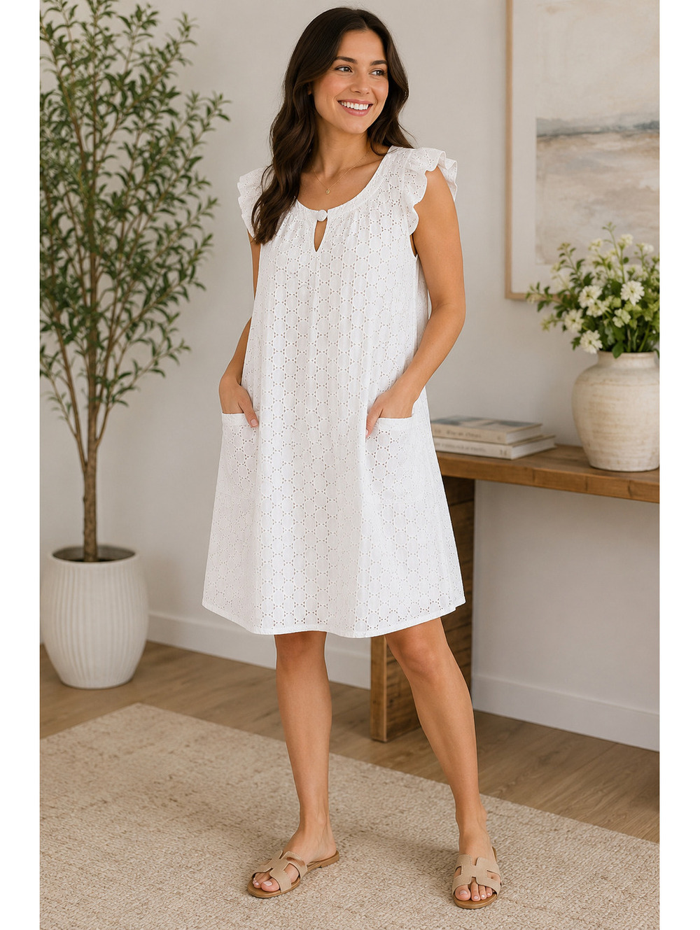 Wrapper | M | White Lace Trim Gauze Dress